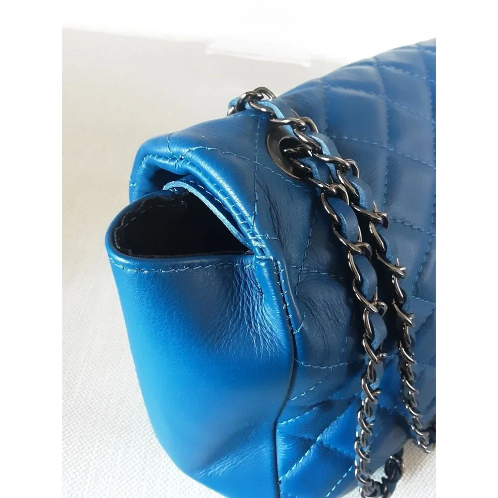 Laura Di Maggio Blue Quilted Leather Handbag Chain Strap Shoulder Bag Crossbody